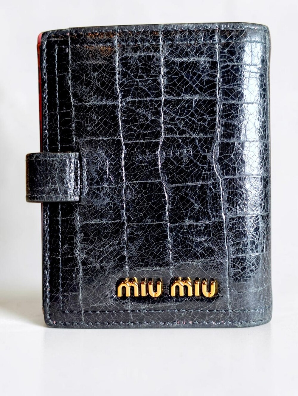 Miu Miu Black Croc-Embossed Leather Compact Wallet